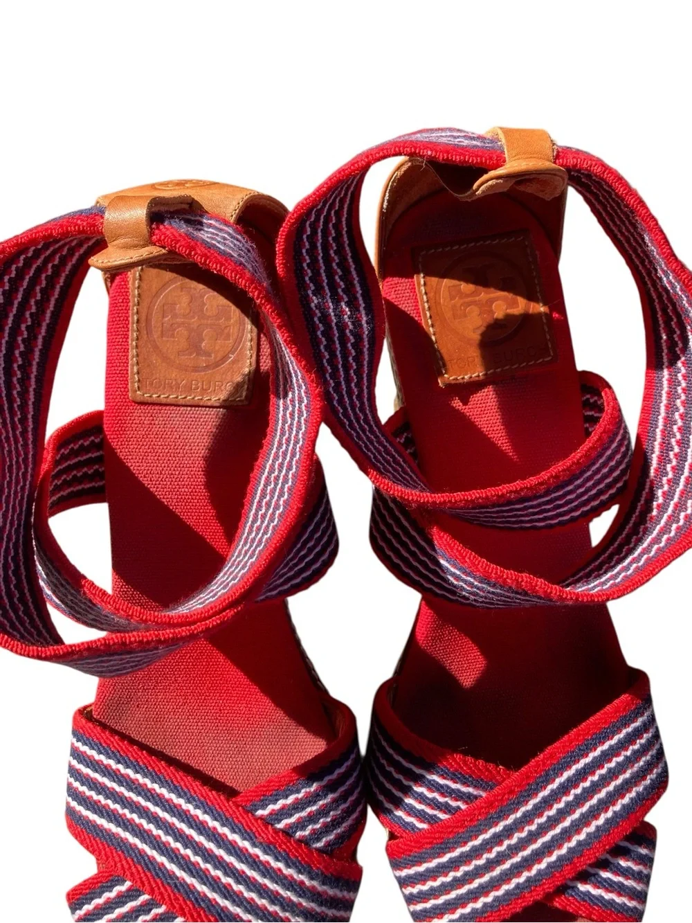 Tory Burch Red Navy Stripe Espadrille Wedge Sandals Size 8 Nautical Americana
